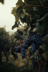 Bunches of blue grapes on a vineyard.