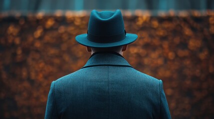 Poster - A man wearing a black hat and a blue coat is standing in front of a wall