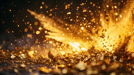 Poster - Explosive Golden Fragments Bursting with Intense Radiance and Reflections