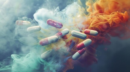 Floating capsules in colorful smoke. Concept of pharmaceutical impact, medication effects, and health consequences of drug use.