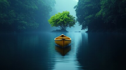 Wall Mural - A serene boat floats on calm waters surrounded by lush greenery.