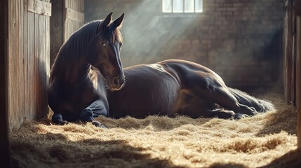 Wall Mural - A serene black horse resting in a barn, illuminated by soft rays of light.