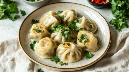 Wall Mural - A plate of momos garnished with fresh herbs, positioned on a neutral tablecloth, creating plenty of space for captions or advertisements without distractions.