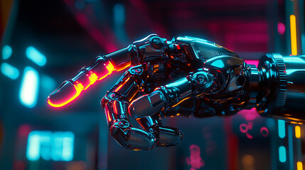 Aufkleber - A metallic robotic hand with glowing finger pointing in a futuristic setting.