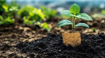 Wall Mural - Young Plant Growing in Soil with a Blank Tag