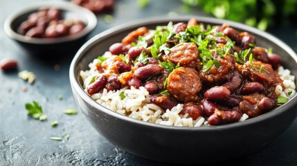 Sticker - Bowl of Southern red beans and rice with sausage, served on a rustic surface, with copy space for text or menu descriptions.