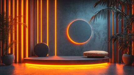 Poster - Circular Platform with Neon Lights and Palm Trees in a Modern Interior