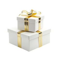 Wall Mural - Stack of white gift boxes with golden ribbons isolated on the background. Gift box on a transparent background. Generative AI.