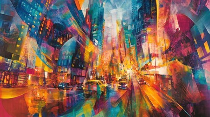 Poster - Abstract Cityscape with Cars and Buildings in Vibrant Colors