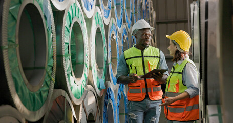 African American engineer man discussing women worker in construction warehouse steel plant factory. Engineer wear safety reflective vest white hard hat use smart tablet hand point checking product