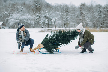 Happy couple enjoying a snowy day while carrying a Christmas tree on a sled.