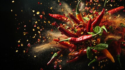 A thrilling capture of an array of spices and fresh chili peppers in mid-flight, with flames and colorful powders enhancing t