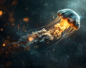 Poster - Jellyfish Shaped Underwater Bomb Explosion with Dispersing Tendrils of Light and Bubbles