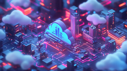 Poster - A futuristic city with a cloud computing symbol in the center, surrounded by neon lights and circuits.