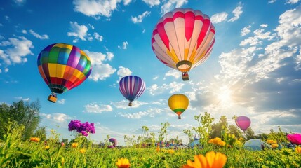 Colorful hot air balloons soar over a field of wildflowers against a blue sky with fluffy clouds.