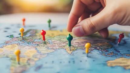 World Map with Colorful Pins for Travel Planning and Destination Marking