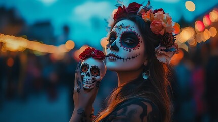 Woman in Dia de los Muertos face paint evening.