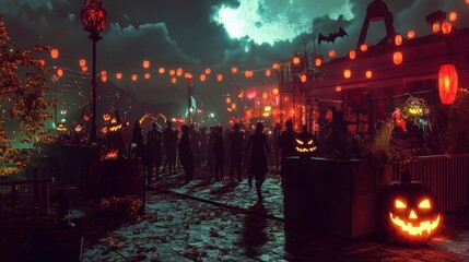 A spooky Halloween rooftop party with guests in creepy costumes, dancing under a sky filled with glowing lanterns and eerie shadows.