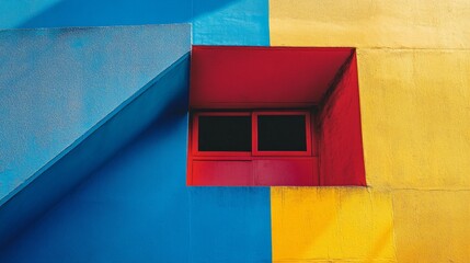 Poster - Vibrant geometric wall featuring bold red window against contrasting blue and yellow background
