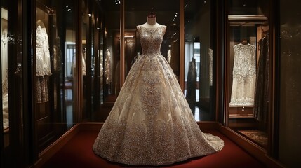 Intricately designed wedding dress with embroidery and beading, showcased under soft lighting in a high-end