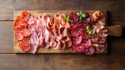 Sticker - Meat antipasto platter with salami, prosciutto, and bacon, laid out on a wooden table, with copy space