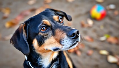 playful purebred puppy curiously gazing at a vibrant ball outdoors, showcasing its fluffy and friendly nature in an adorable scene perfect for wallpaper or advertisement