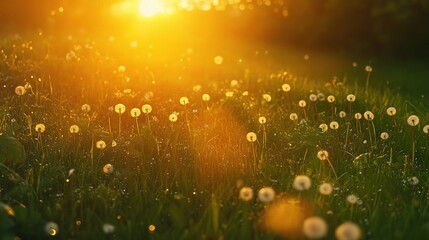 Poster - Serene Green Meadow at Sunset with Dandelions