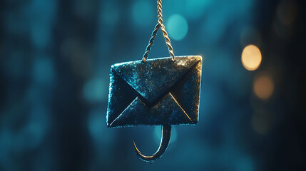 Poster - A silver envelope with a hook hanging on a rope, with a blue and gold bokeh background.