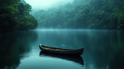 Wall Mural - Serene lake with a lone boat surrounded by misty forest.