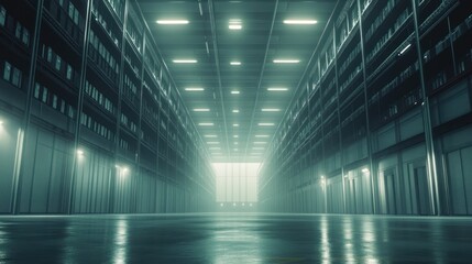 Poster - Empty Industrial Warehouse with Rows of Shelving and Fog