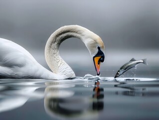 Canvas Print - Elegant Swan Dipping Head Underwater to Catch Fish in Serene Lakeside Scene