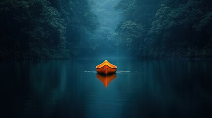 Wall Mural - A serene boat floats on a misty river surrounded by lush greenery.