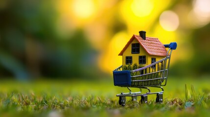 Poster - close-up of a miniature home in a shopping cart, symbolizing real estate purchases and mortgage loan