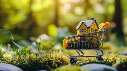 Poster - close-up of a miniature home in a shopping cart, symbolizing real estate purchases and mortgage loan