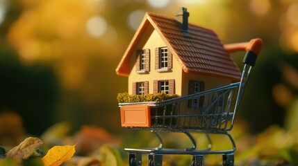 Poster - close-up of a miniature home in a shopping cart, symbolizing real estate purchases and mortgage loan