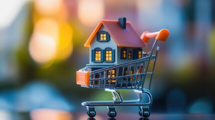 Poster - close-up of a miniature home in a shopping cart, symbolizing real estate purchases and mortgage loan