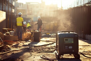 Portable generator on a construction site at sunset with workers in the background