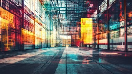 Poster - Abstract Industrial Interior with Colorful Glass Panels and Steel Beams