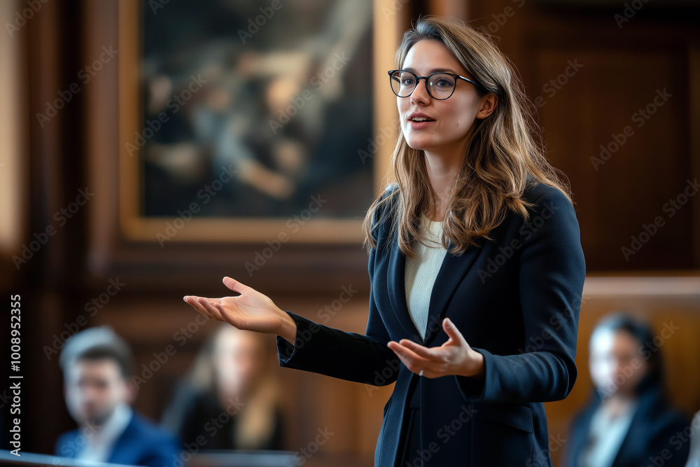 Confident female lawyer in a modern courtroom, presenting arguments in ...