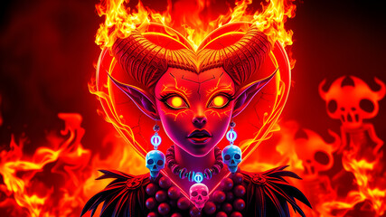 A big flaming heart made of fire. There is a neon demon girl inside this heart. She has cracked skin, lots of accessories, big neon long attention-grabbing earrings. Generative AI