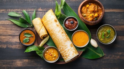 Overhead view of a traditional South Indian meal featuring dosa, chutneys, and sambar, artfully arranged on a table,