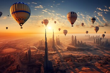 Poster - araff balloons flying over a city with a sunset in the background