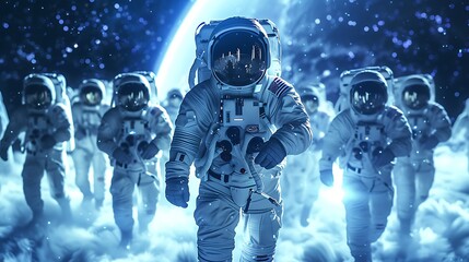 Poster - astronauts walking in a line in the snow with a planet in the background