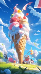 Poster - anime ice cream cone with a car in the background