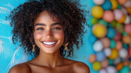 Sticker - Portrait of a Beautiful Young Woman with Curly Hair Smiling Against a Colorful Background