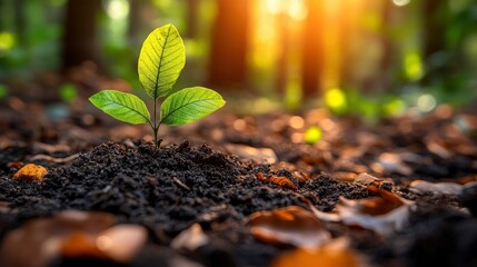 Wall Mural - Young Sprout Growing in Forest Soil with Sunlight