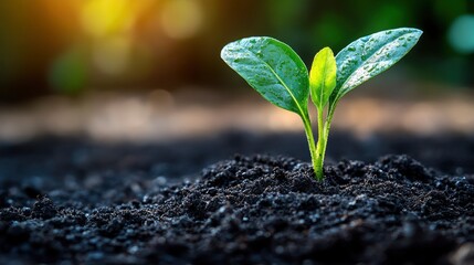 Sticker - Small Green Plant Sprout in Rich Soil with Warm Sunlight