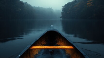 Wall Mural - Canoe prow glows softly on a misty lake at dawn.