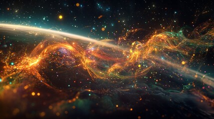 Poster - Artistic representation of cosmic particles interacting with a dark matter detector on Earth amidst a starry backdrop