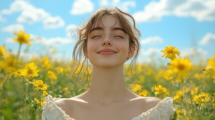 Poster - Woman Smiling in Field of Yellow Flowers